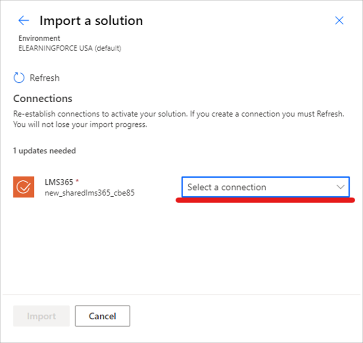 Import solution select a connection