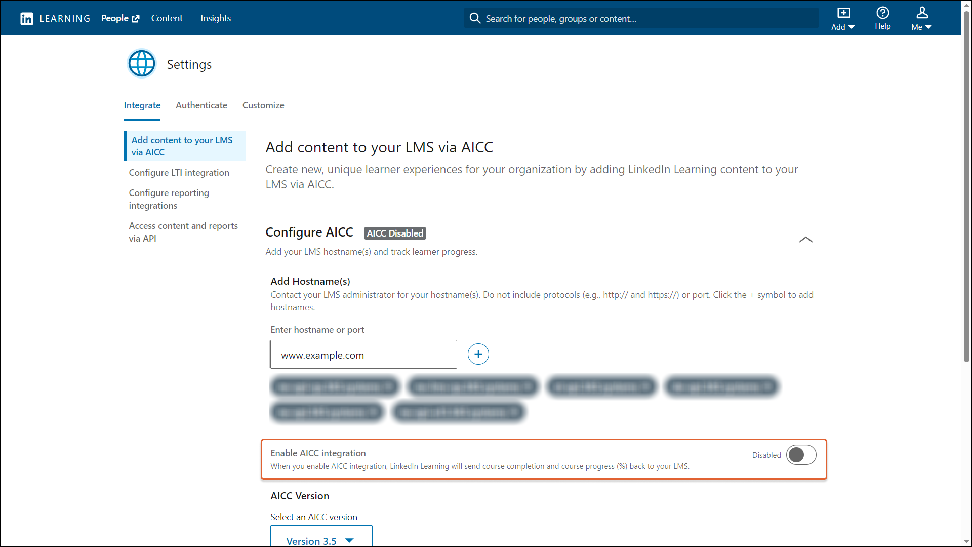 LinkedIn Learning admin portal Configure AICC