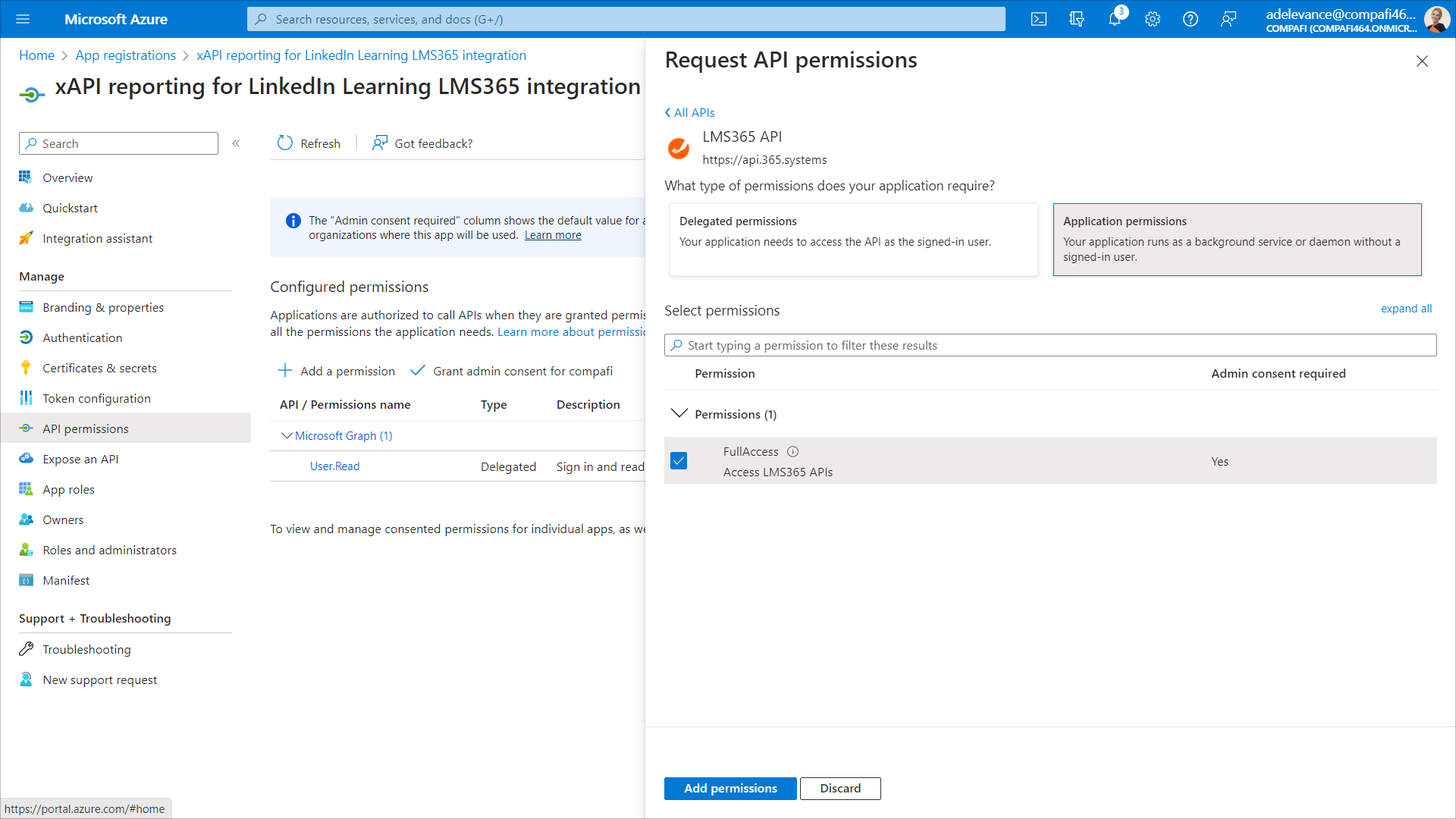 Azure add LMS365 API permissions