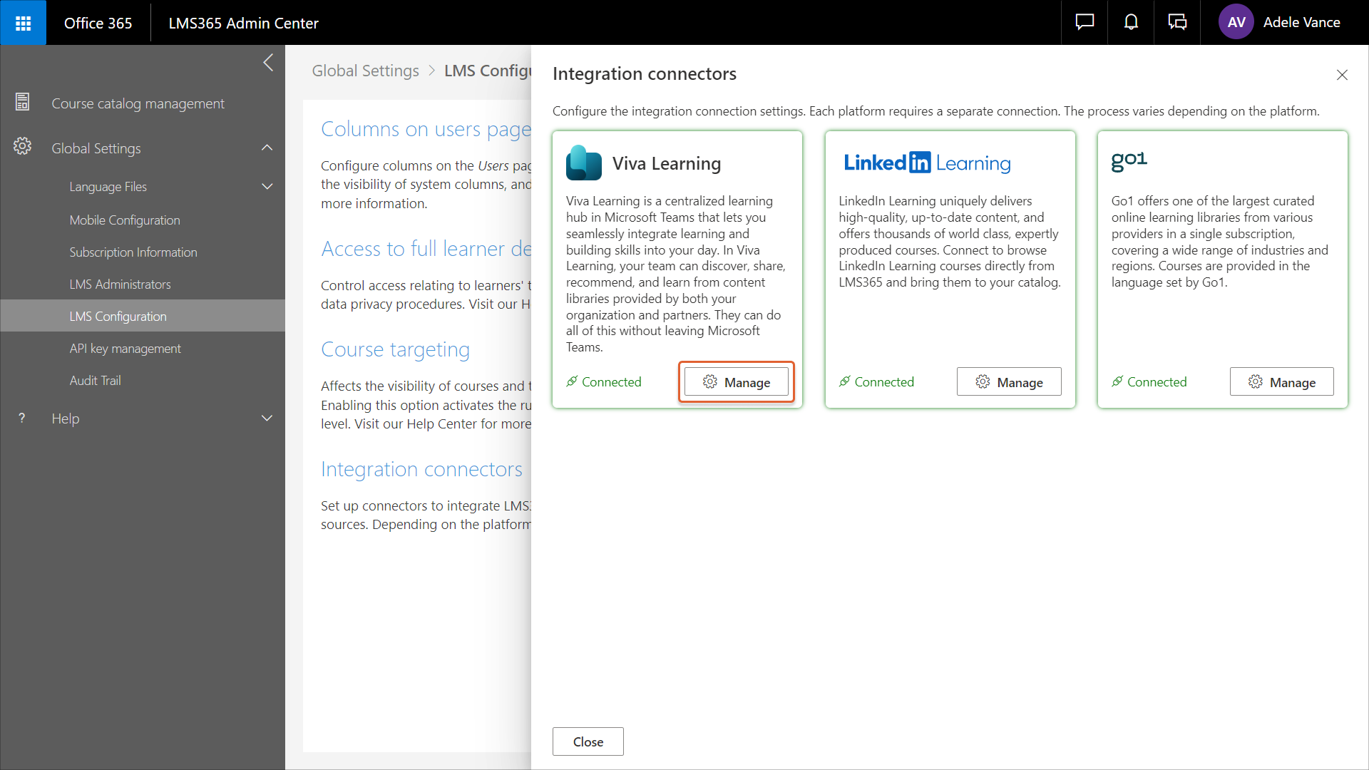 Manage icon on the Viva Learning integration tile