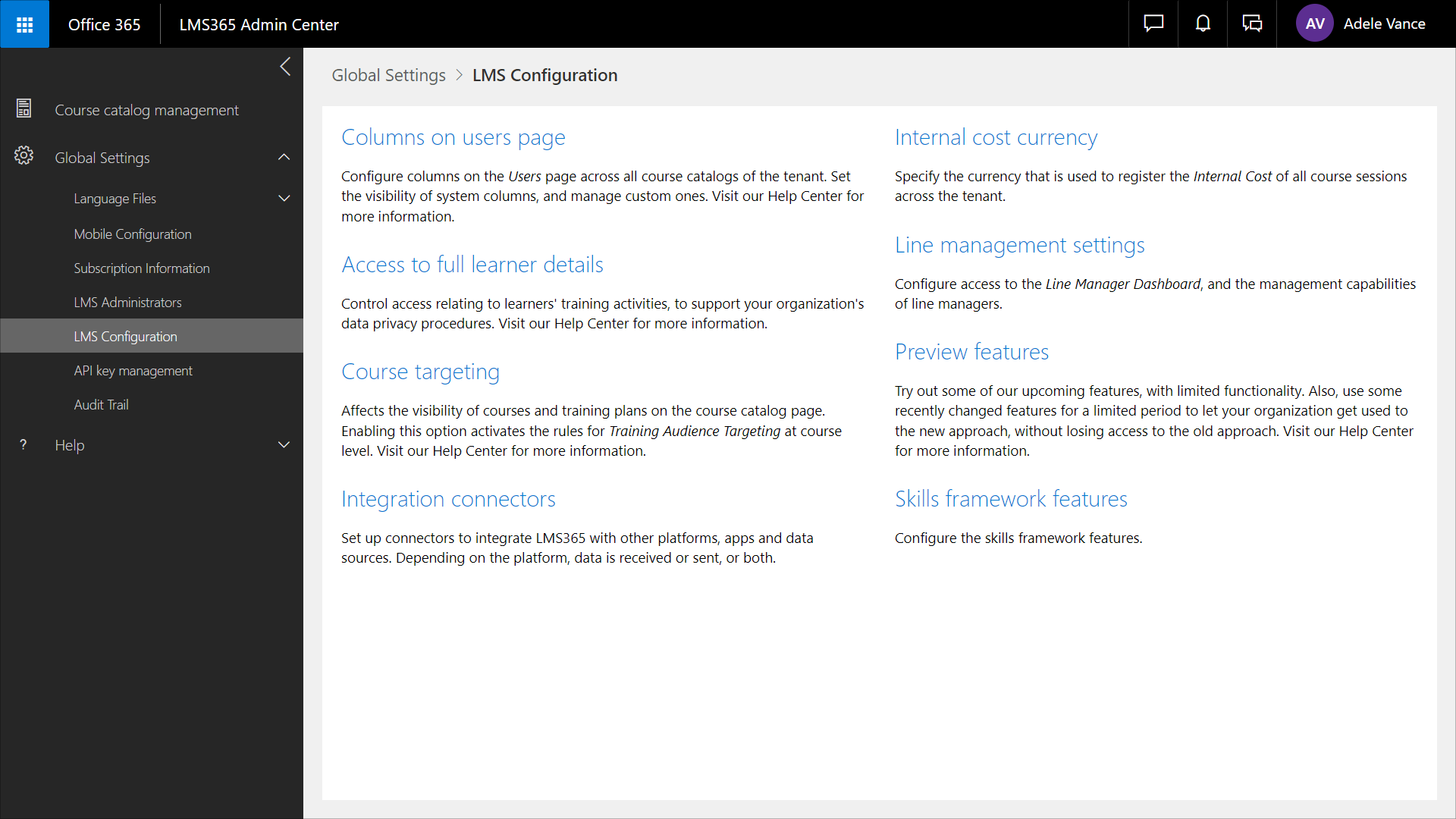 LMS configuration page